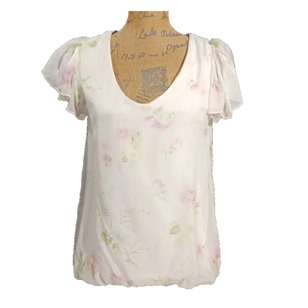 GIUSY Italy Top SMALL Delicate Floral Cream Pink 100% Silk‎ Chiffon Overlay